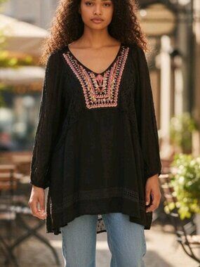 Miss Me Embroidered Lace Back Top S Peasant Boho Tribal Sequins Festival